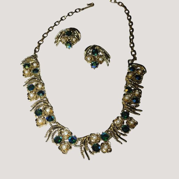 Coro Gold Tone AB Necklace Clip On Earrings Vintage Set Faux Pearls Blue Green - Picture 10 of 10